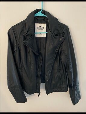 Hollister Black Faux Leather Moto Jacket with Zip Pockets